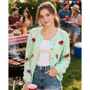 Vintage Mint Green Watermelon 🍉 Sweater Size S Cotton Button Front Cardigan